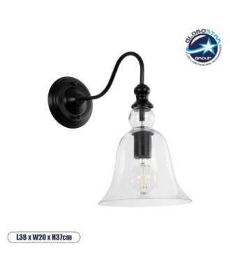 GLOBOSTAR® LILLY 01064 Vintage Φωτιστικό Τοίχου - Απλίκα με Ντουί 1 x E27 AC 220-240V IP20 - Μαύρο & Διάφανο - Μ38 x Π20 x Υ37cm